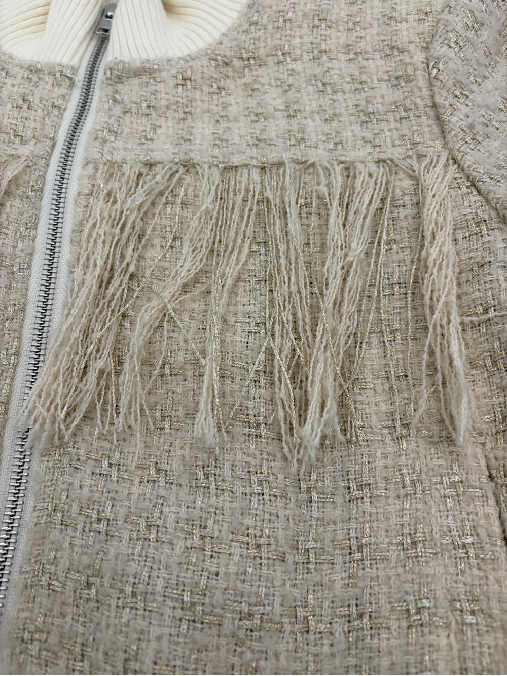 MOTHER Cream Fringe Tweed Bomber Jacket - Picture 3 of 9